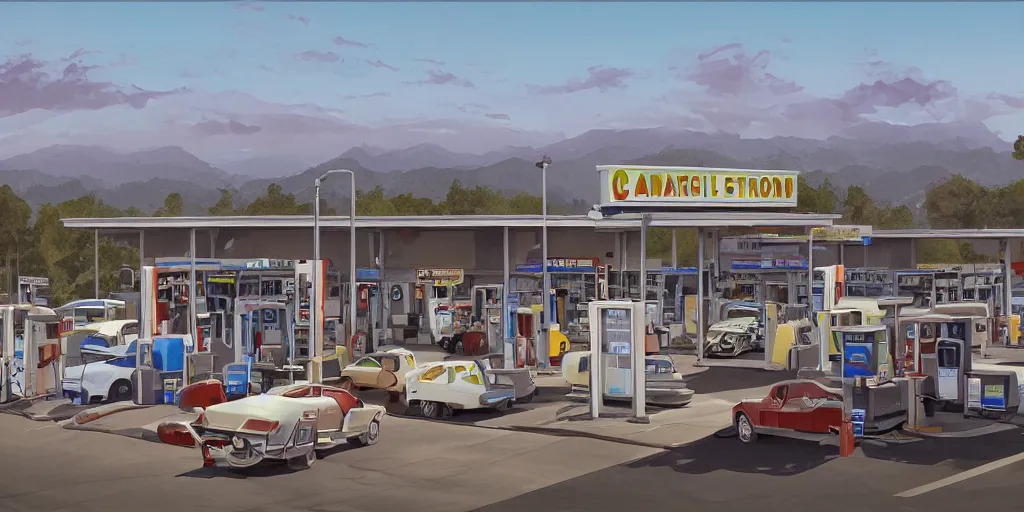 Image similar to a gas station and a parking lot in california, david febland, artstation, matte painting