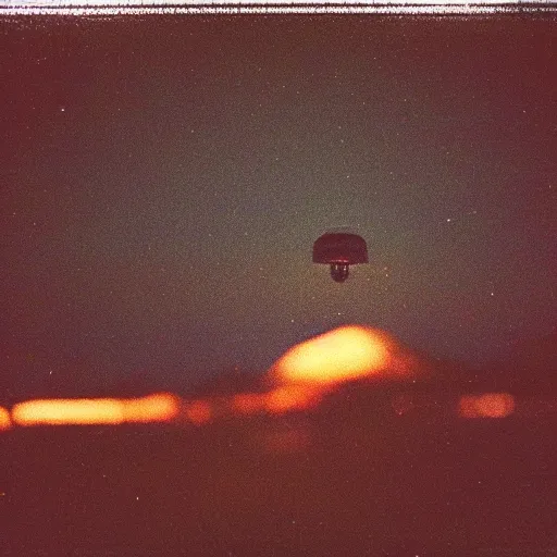 Prompt: a ufo flying over a distant mountain at night, blurry photo, historical photo, old polaroid, expired film,