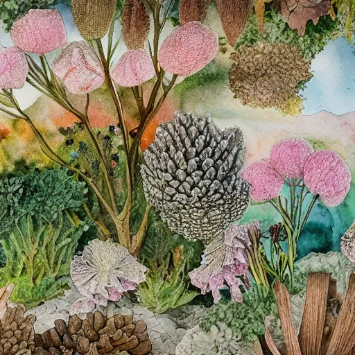 Image similar to delicate coastline mountain garden on paper, stony, puffy, botanical herbarium, botanic watercolors, iridescent, 8 k wide angle, realistic shaded, fine details, artstation, italian, rainbow, colonnade, oak, pinecone, pomegranade, hydrangea, vines, gardena architecture, pompeian, sicilian