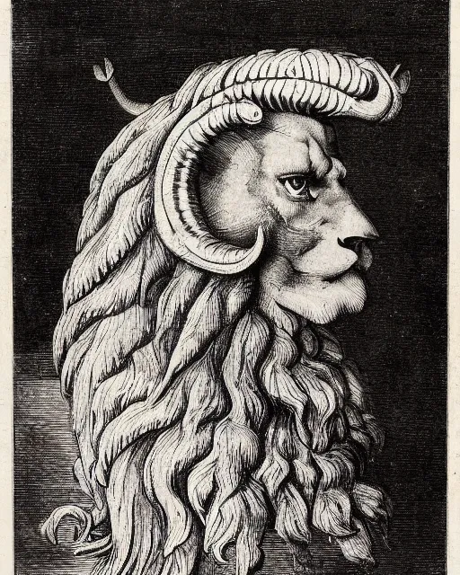 Prompt: a creature with four faces in one, human eyes, eagle beak, lion mane, two horns on the head, drawn by da vinci