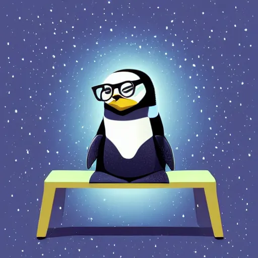 Prompt: digital art of a cute and small penguin sitting on a white wooden chair at night, wearing sunglasses, black background with some stars, detailed lighting and shading! detailed, vector art, by emiliano ponzi, by tom whalen, trending on polycount, private press, low poly, 3 d, sketchfab