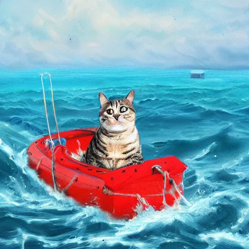Prompt: a painting of a cat in a life-boat in the middle of the ocean. artstation. digital art.