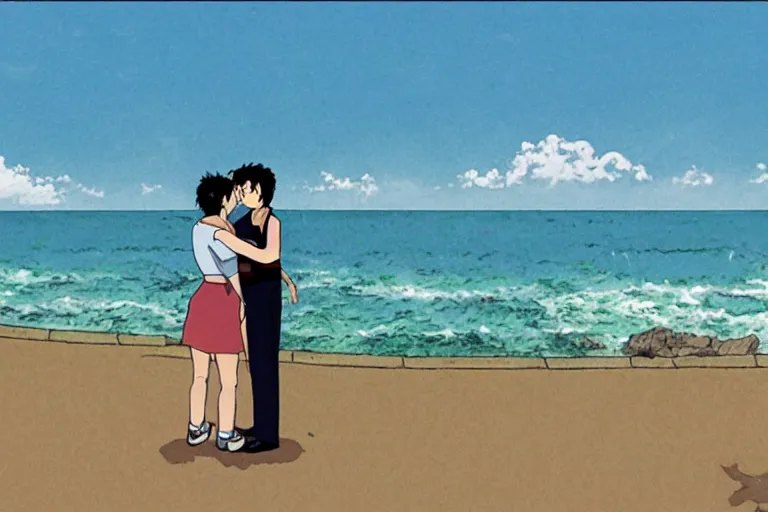 Prompt: a man hugging his beautiful wife by the beach, studio ghibli