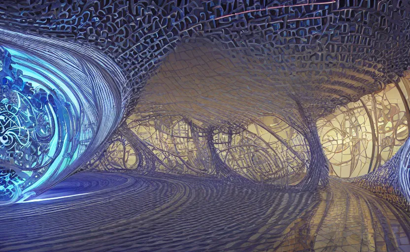 Image similar to a surreal environment of a futuristic curvilinear parametric and computational Art nouveau art installation, visionary art, intricate and complex, back-lit and front lit, hd, 16k, unreal engine, UHD photographic quality, medium format