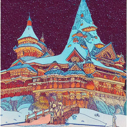 Prompt: detailed ivan bilibin and edmund dulac and ilya kuvshinov and katsuhiro otomo inspired print of a castle in winter