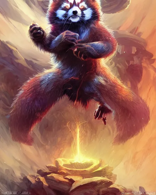 Image similar to Red Panda Shapeshifter Druid Mage, D&D, artstation, fantasy, magic the gathering artwork, cinematic lighting, centered, symmetrical, highly detailed, digital painting, , concept art, smooth, sharp focus, illustration, volumetric lighting, epic Composition, 8k, art by Akihiko Yoshida and Greg Rutkowski and Craig Mullins, oil painting, cgsociety