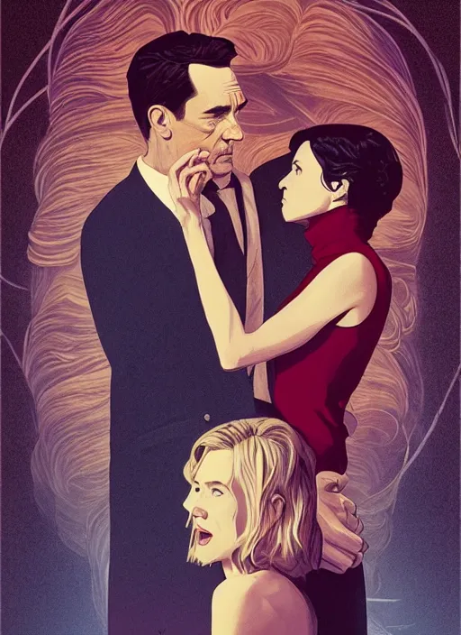 Prompt: poster artwork by Michael Whelan and Tomer Hanuka, Karol Bak of Naomi Watts & Jon Hamm husband & wife portrait, in the pose of Theory of Everything poster, from scene from Twin Peaks, clean, simple illustration, nostalgic, domestic, full of details