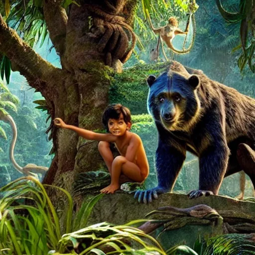 Image similar to jungle book. mowgli and balu. movie still frame. realistic photo.