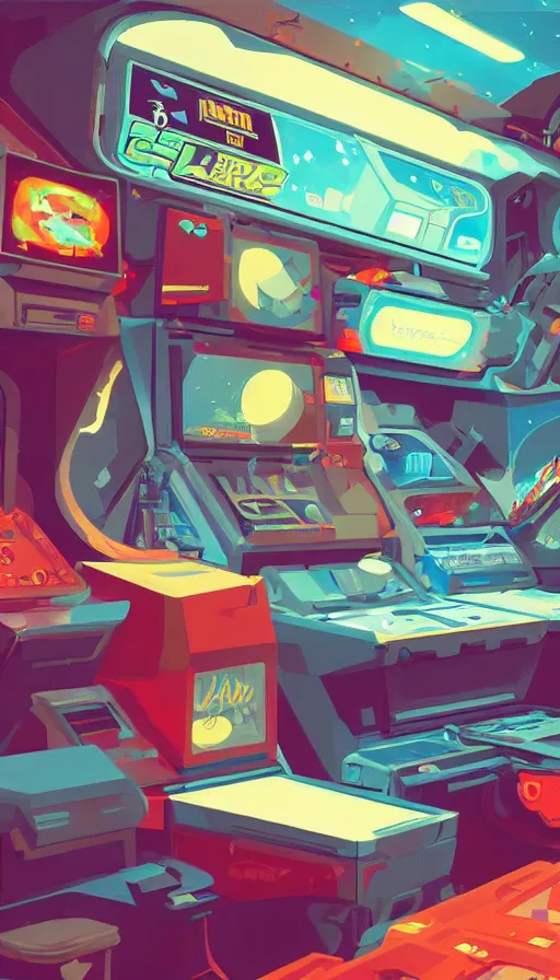 Image similar to arcade cabinet in space, sharp focus, james gilleard, cinematic, game art, extremely detailed digital painting, print