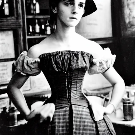 Prompt: emma watson 1 8 0 0 s in a busy saloon, black - and - white photo,