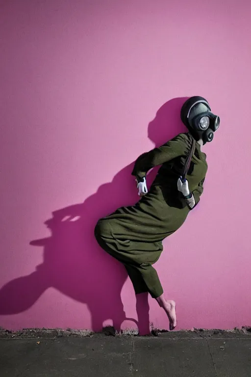 Image similar to a surreal portrait of intertwined and contorted figures wearing gas mask next to a pink wall in the style of brooke didonato, editorial fashion photography from vogue magazine, full shot, nikon d 8 1 0, ƒ / 2. 5, focal length : 8 5. 0 mm, exposure time : 1 / 8 0 0, iso : 2 0 0