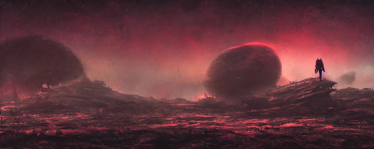 Image similar to ” night at a desolate outer planet made of barren black rock, [ cinematic, detailed, epic, widescreen, opening, establishing, mattepainting, photorealistic, realistic textures, octane render, art by paul lehr ] ”