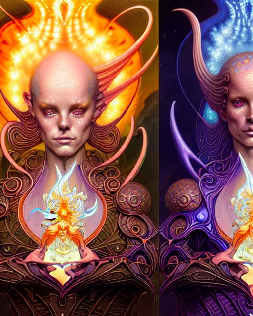 Image similar to a portrait of gemini water and fire fantasy character portrait made of fractals facing each other, ultra realistic, wide angle, intricate details, the fifth element artifacts, highly detailed by peter mohrbacher, hajime sorayama, wayne barlowe, boris vallejo, aaron horkey, gaston bussiere, craig mullins