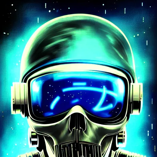 Image similar to A close up portrait of the most wanted cyberpunk space pirate warping time and space, parsec record, wearing menacing skull space helmet, trading illegal goods, magic mushrooms, psilocybin, LSD, dark force full face space helmet, space pressurized suit, futuristic, ghost in the shell, detailed, intricate, elegant, highly detailed, digital painting, artstation, concept art, smooth, sharp focus, akira style illustration, art by Krenz Cushart and Artem Demura and Alphonse Mucha