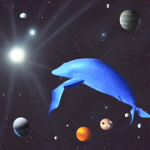 Prompt: a blue whale swimming in space among the stars and planets