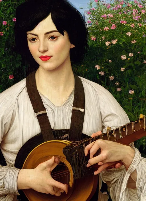 Prompt: close-up portrait of young english lute player, with straight black hair, with high cheekbones, with narrow nose, in a garden,, painting in the museum, highly detailed, sharp focus, digital painting, artwork by Kinkade, by Victor Adame Minguez by Yuumei by Tom Lovell by Sandro Botticelli