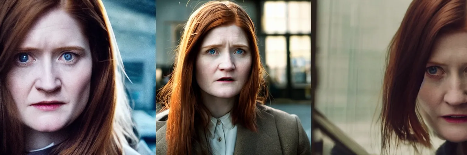 Prompt: close-up of Bonnie Wright as a detective in a movie directed by Christopher Nolan, movie still frame, promotional image, imax 70 mm footage