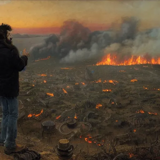 Image similar to a man with black hair and beard, wearing a black jacket and jeans, looking at a burning village in the distance, highly detailed painting by donato giancola and bayard wu, 8 k, digital art