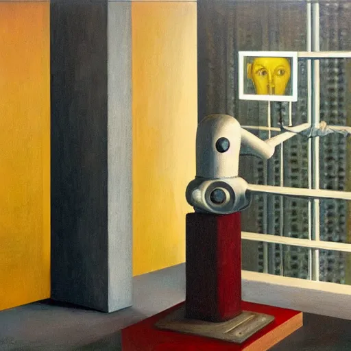 Prompt: human brains being reprogrammed at a mind control center, robot guards, grant wood, pj crook, edward hopper, oil on canvas