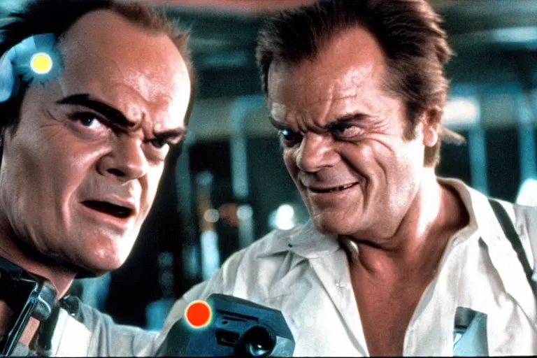 Image similar to Jack Nicholson plays Pikachu Terminator, scene where his inner endoskeleton is visible and his eye glows red, still from the film