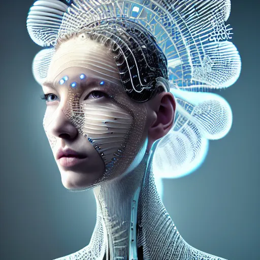 Image similar to portrait of an absurdly beautiful, graceful, sophisticated, fashionable cyberpunk mechanoid, hyperdetailed illustration by irakli nadar, matt wisniewski style, intricate linework, white porcelain skin, iridescent fractal headdress, day - glow facepaint, jellyfish ruff neckware, unreal engine 5 highly rendered, global illumination, radiant light, detailed and intricate environment