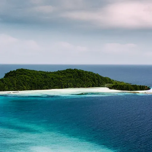 Image similar to landscape photograph of a forested island surrounded by ocean.