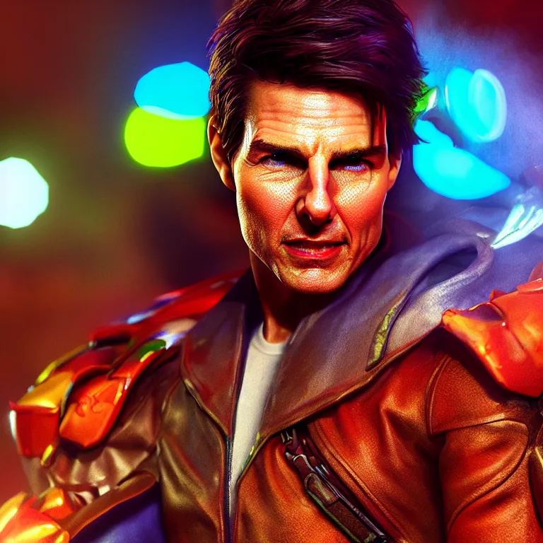 Image similar to a cinematic shot of Tom Cruise wearing jester costume, colorful, octane render, volumetric lighting, nvidia raytracing demo, by Andy Thomas, Mario Martinez, Daniel Mirante, Gustave Dore, Artstation, CGsociety, masterpiece