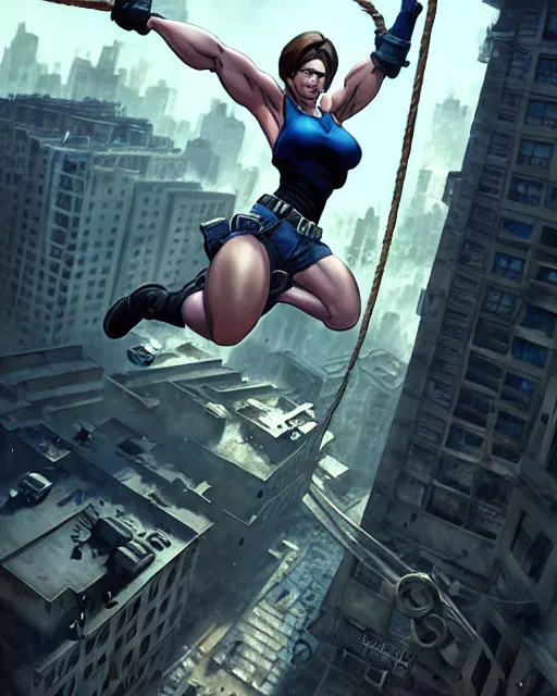 Image similar to gigachad jill valentine bodybuilder swinging from a building with a rope in racoon city, fantasy character portrait, ultra realistic, anime key visual, full body concept art, intricate details, highly detailed by greg rutkowski, ilya kuvshinov, gaston bussiere, craig mullins, simon bisley