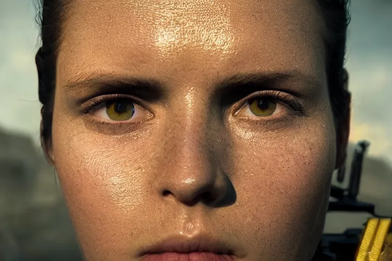 Image similar to VFX movie of a futuristic spacemarine closeup portrait in war zone, beautiful natural skin natural lighting by Emmanuel Lubezki