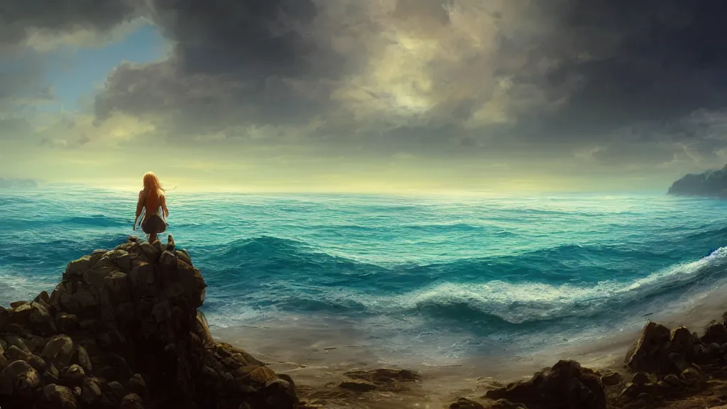 Prompt: Looking out to the Horizon, Perfectly calm waters, maybe small waves, vivid, open ocean, volumetric lighting, fantasy artwork, very realistic painting effect, hd, hdr, cinematic 4k wallpaper, 8k, ultra detailed, high resolution, artstation, in the style of Marc Simonetti
