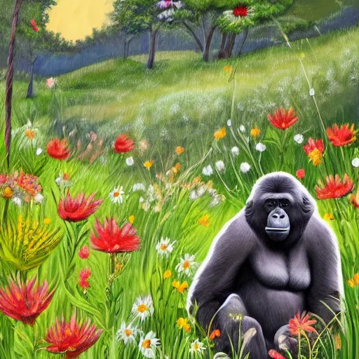 Prompt: Harambe happily frolicking in a meadow with colorful flowers in the afterlife, painting,