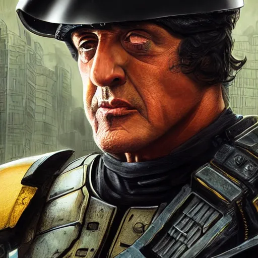 Image similar to Sylvester Stallone as Judge Dredd, artists portrait, fantasy, highly detailed, digital painting, concept art, sharp focus, depth of field blur, illustration, art by artgerm and greg rutkowski and alphonse mucha