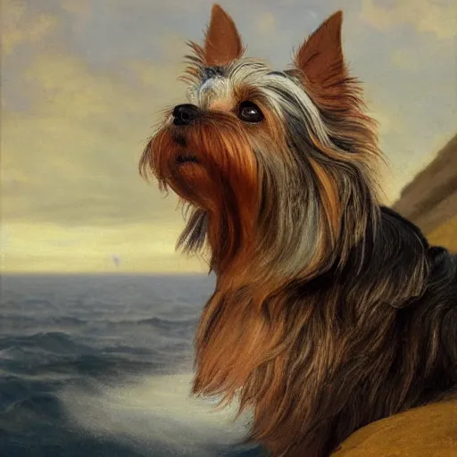 Prompt: a gray and brown Yorkshire Terrier under a rainbow at sea by Michael Sowa, head and shoulders portrait, golden hour, extremely detailed masterpiece, oil on canvas, by J. C. Leyendecker and Peter Paul Rubens and Edward Hopper and Michael Sowa,