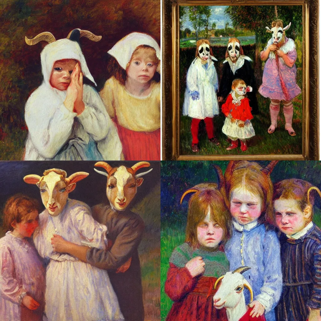 Prompt: impressionism painting of three children wearing goat masks standing next to a crying woman holding her ears