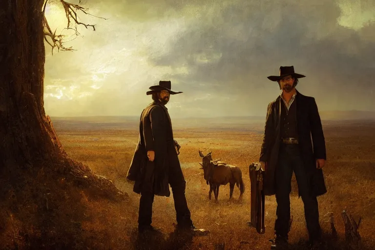 Prompt: an ultradetailed image of sam and dean winchester as an old west gunfighters, masterpiece, 8 k, art by greg rutkowski and albert bierstadt