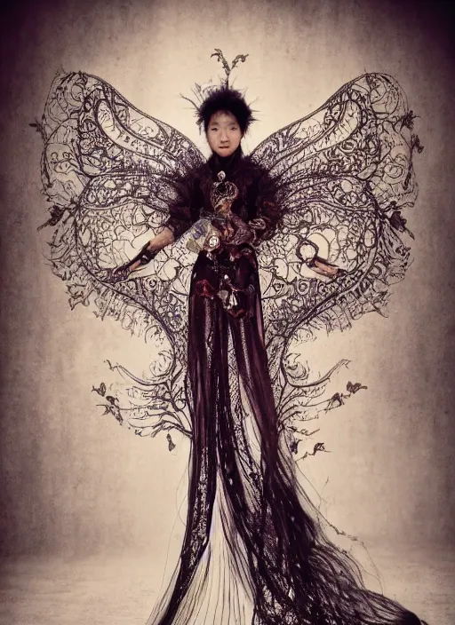 Image similar to a portrait of asian female by stefan geselle and nekro borja, photorealistic, intricate details, hyper realistic, fantasy, elegant, baroque victorian steampunk, photorealistic, canon r 3, photography, symmetrical features, symmetrical pose, wide angle shot, standing pose, feet on the ground, wearable art