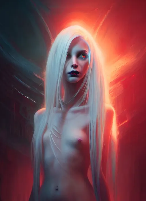 Image similar to symmetry!! portrait of a beautiful necromancer princess with white hair, sci - fi, glowing lights!! intricate, elegant, highly detailed, digital painting, artstation, concept art, smooth, sharp focus, illustration, blood red, ethereal, ominous, misty, octane render, by ruan jia and jeremy mann and alphonse mucha, 8 k