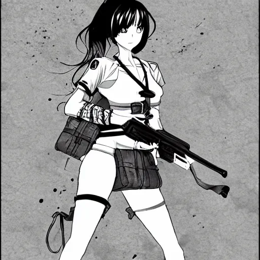 Image similar to manga, monochromatic, miura kentaro, soldier girl character, sandbags, soldier clothing