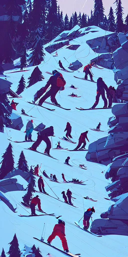 Image similar to by moebius and atey ghailan | the bottom of a ski slope with a huge pile of tangled up skiers |