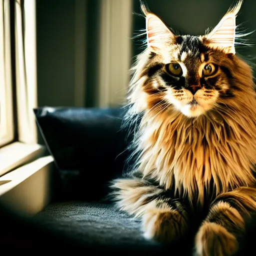 Image similar to portrait cream color maine coon cat curled up, bay window sofa, 8K, 4K, by Antoine Blanchard and Matt Bors, oversaturated lens flair, bokeh, sunbeam