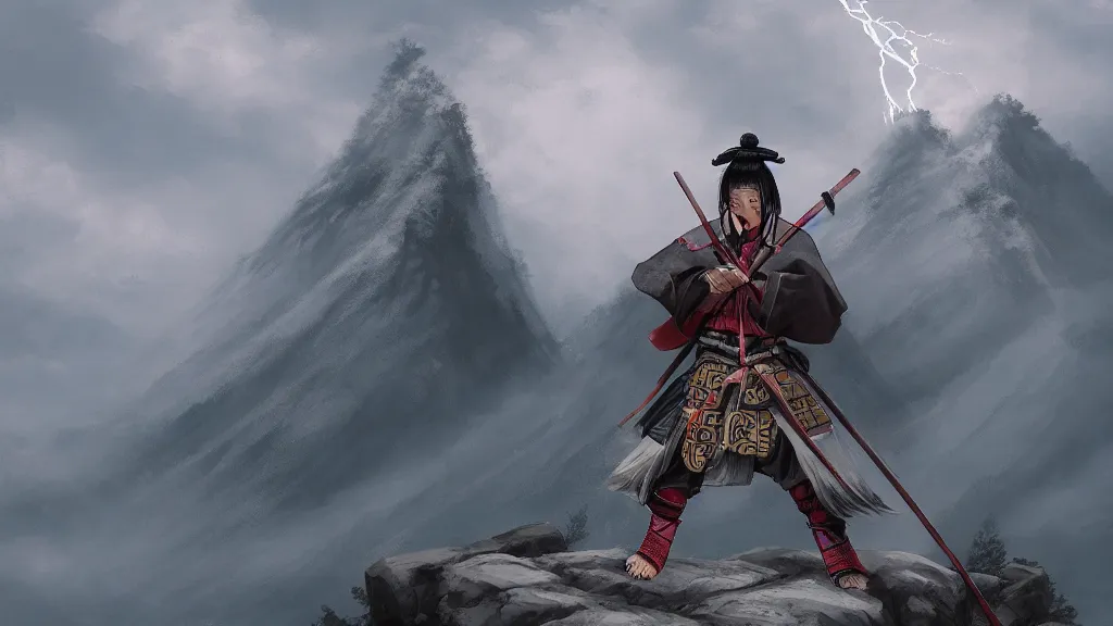 Prompt: samurai standing at the peak of a mountain, japanese style, majestic, digital painting, cinematic lightning, highly detailed, trending on artstation