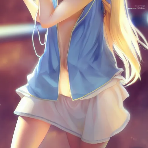 Prompt: full body shot : a very beautiful young blond tennis anime girl, sky blue eyes, large golden chain, bikini, white miniskirt, highly detailed, cinematic wallpaper by stanley artgerm lau