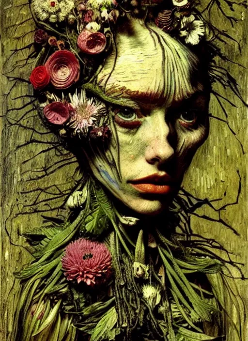 Image similar to beautiful and detailed rotten woman made of plants and many different types of flowers, muscles, intricate, organs, ornate, surreal, john constable, guy denning, dan hillier, manera, van gogh, caravaggio