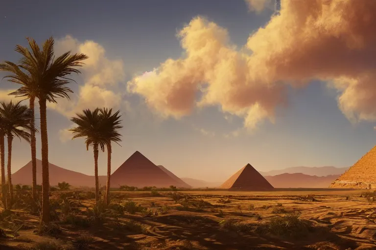 Prompt: beautiful digital painting of an oasis with palm trees, in a large desert landscape, with ancient golden pyramids with carved runes, some clouds on the horizon, by lee madgwick and wlop, 8 k, intricate, cinematic lights, atmospheric effects in the background, octane render, artstation, summer color scheme