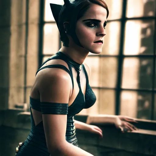 Image similar to Emma Watson as Catwoman, Fujifilm X-T3, 1/1250s at f/2.8, ISO 160, 84mm, 8K, RAW, symmetrical balance, Dolby Vision, HDR, face retouch