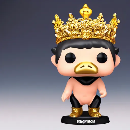 Image similar to A funko pop of a bag of a pig in a gold crown