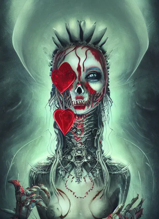 Image similar to queen of hearts, alien, skull, highly detailed, cinematic, 8 k, by megan duncanson, benjamin lacombe, adrian borda, stanley artgermm, tom bagshaw, craig mullins, carne griffiths, ayami kojima, beksinski, giger, trending on deviantart, hyper detailed, horror, full of colour