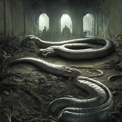 Image similar to a big anaconda in a dark grave squeezing around a buried body, cemetery, horror ,digital art,realistic,detailed,art by greg rutkowski