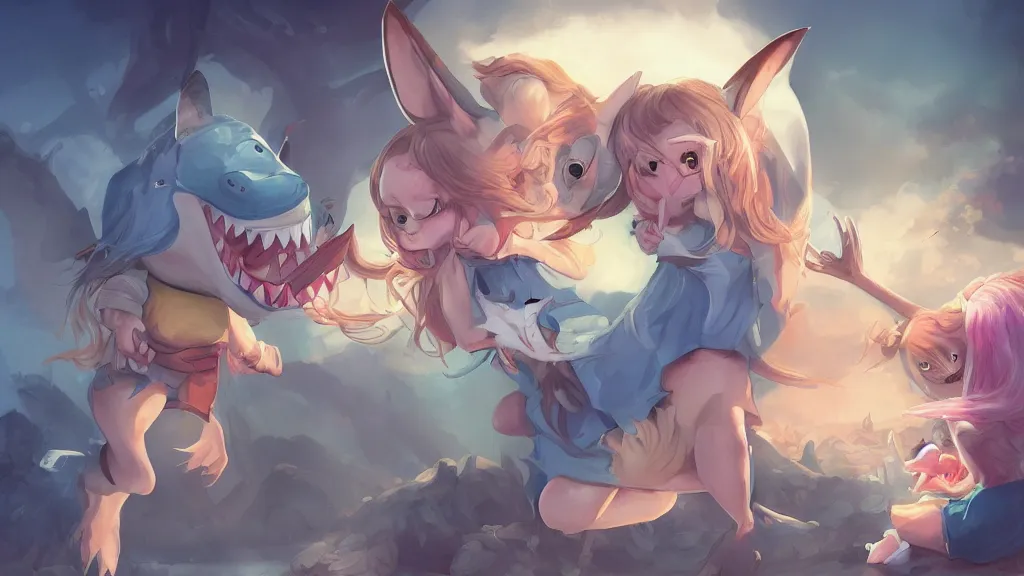 Image similar to A shark girl gets beat up by a criminal rabbit while an owl and mother nature watch. digital painting. trending in artstation. Masterpiece