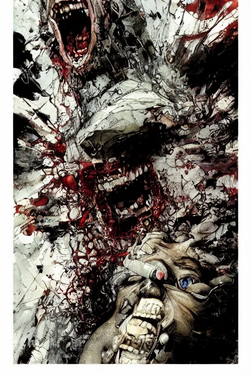 Prompt: full page illustration of tetsuo open mouth, showing a pill on his tongue, by Katsuhiro Otomo, Phil hale, Ashley wood, Ilya repin, frank frazetta, 8k, hd, high resolution print